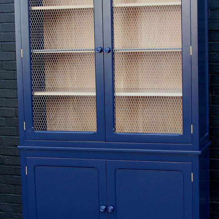 A solid oak painted two door cabinet in Farrow and Ball St Giles Blue