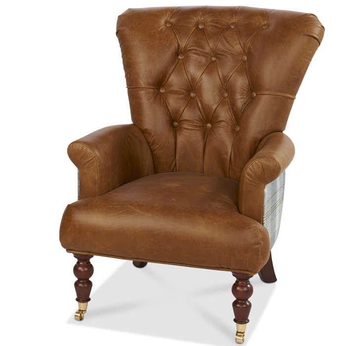 Harrington High Back Chair in Brown Cerato leather and Huntingtower Celestial
