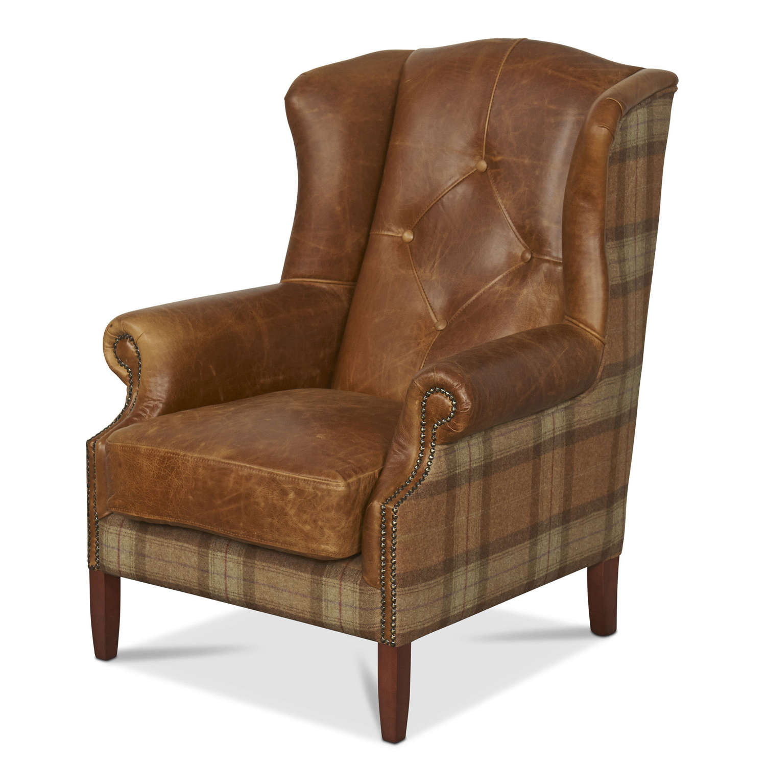 Harris Tweed and Leather Wing Button Back Armchair