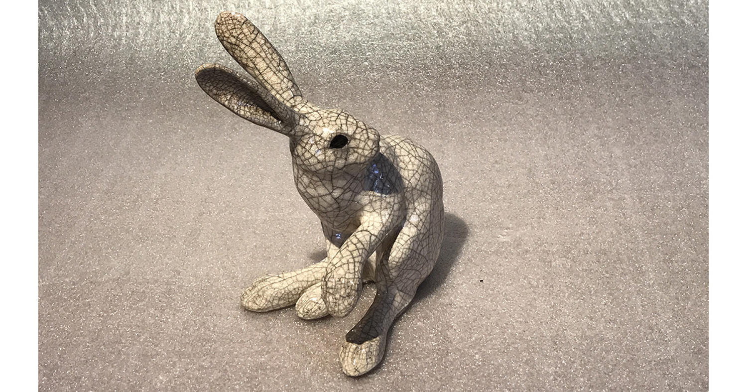 Medium 'paw up' Raku Hare Sculpture