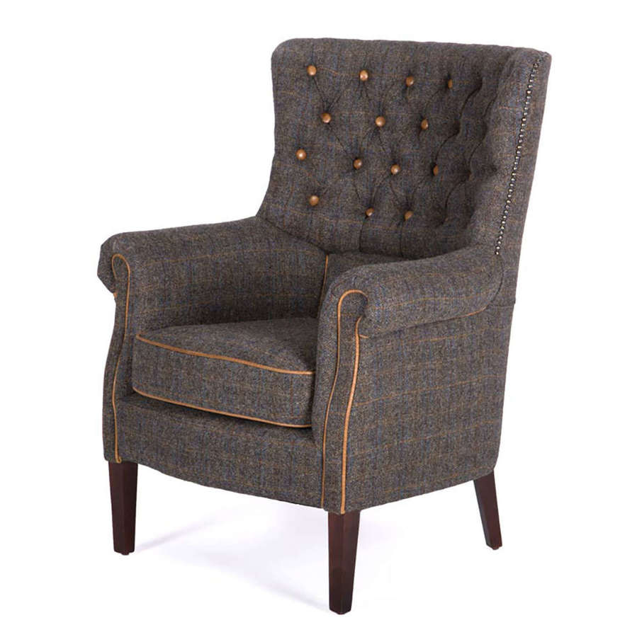 Holker Armchair in Uist Night Harris Tweed and Leather